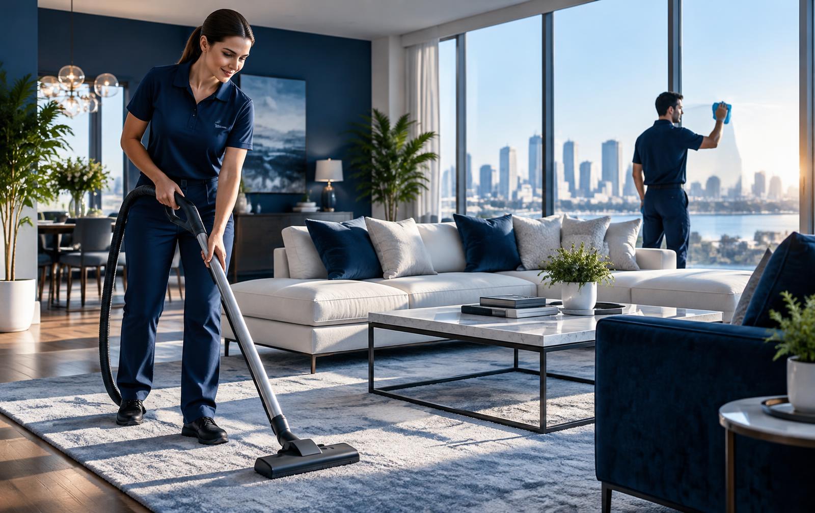 Professional cleaner making a living room spotless